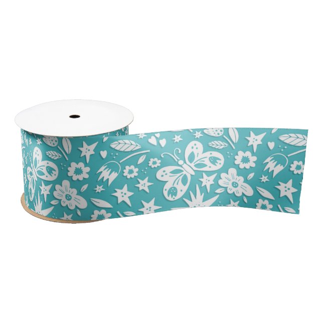 Lazo De Raso Mariposas Y Flores En Aqua (Carrete)