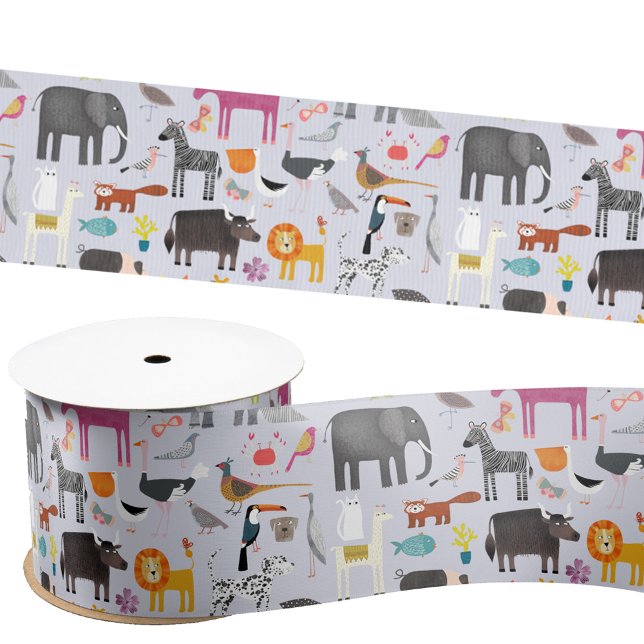Lazo De Raso Menagerie animal (Fun animal menagerie with wild, safari, zoo and pet animals and birds pattern satin ribbon)