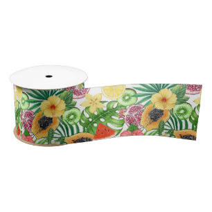 Lazo De Raso Mezcla tropical, flores y hojas en blanco