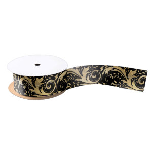 Lazo De Raso Moda Black Gold Floral Scroll Patrón moderno