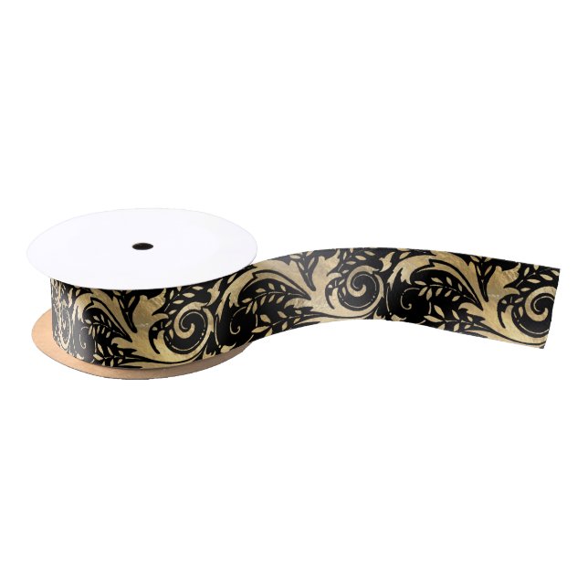 Lazo De Raso Moda Black Gold Floral Scroll Patrón moderno (Carrete)