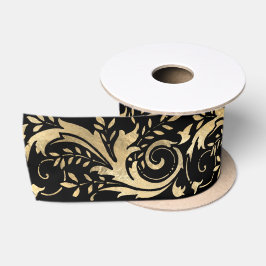 Lazo De Raso Moda Black Gold Floral Scroll Patrón moderno