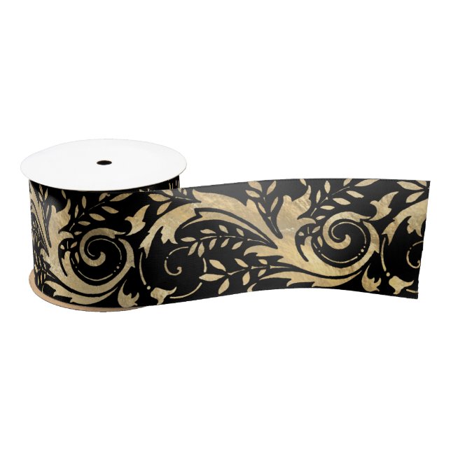 Lazo De Raso Moda Black Gold Floral Scroll Patrón moderno (Carrete)