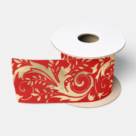 Lazo De Raso Moda Rojo Oro Floral Scroll Patrón moderno