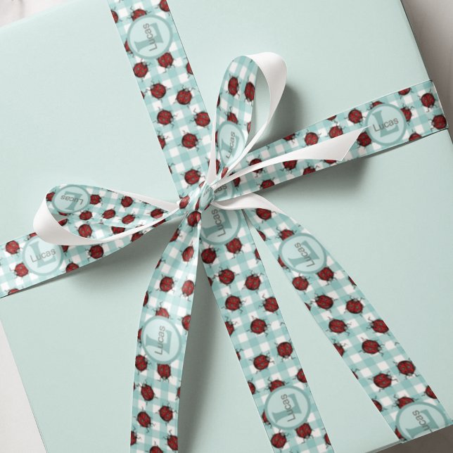 Lazo De Raso Monogrammed Ladybug y Turquoise Gingham (Monogrammed Hand-Drawn Ladybugs on Cute Turquoise Gingham for Kids, for Boy, for Girl.)