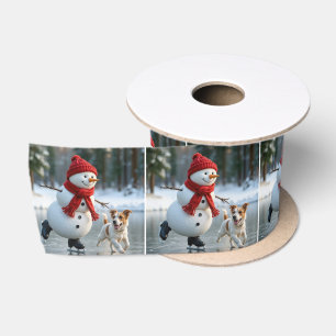 Lazo De Raso Muñeco de nieve de Navidad patinando con perro