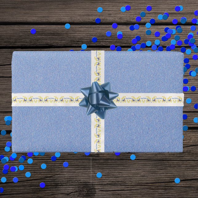 Lazo De Raso Nacimiento Pájaros Rojos Azules Ramas Flores Amari (Singing blue red birds on branch with bright yellow flowers on white Happy Birthday gift ribbon.)