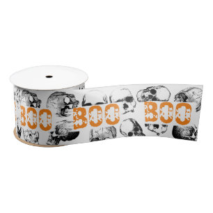 Lazo De Raso Naranja Boo Halloween Spooky Skull Pattern