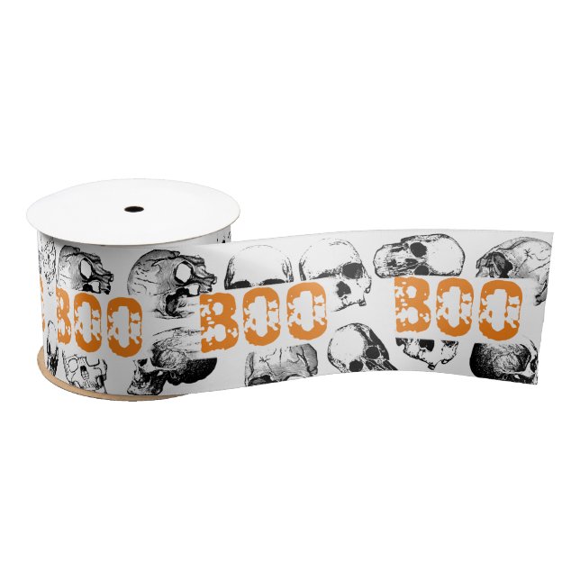 Lazo De Raso Naranja Boo Halloween Spooky Skull Pattern (Carrete)