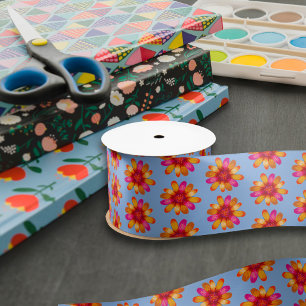 Lazo De Raso Naranja Daisy Boho Patrón Hippie Floral Duste Azul