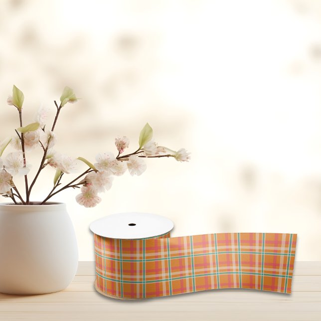 Lazo De Raso Naranja y azul Tartar verano (Orange & Blue Tartar plaid summer Satin Ribbon)