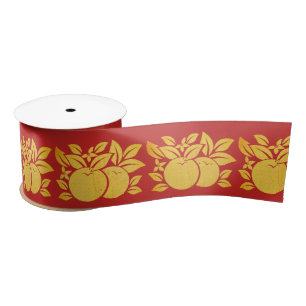 Lazo De Raso Naranjas y flores estilizadas rojas y doradas