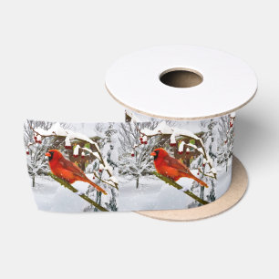 Lazo De Raso Navidad, pájaro cardinal rojo y nieve