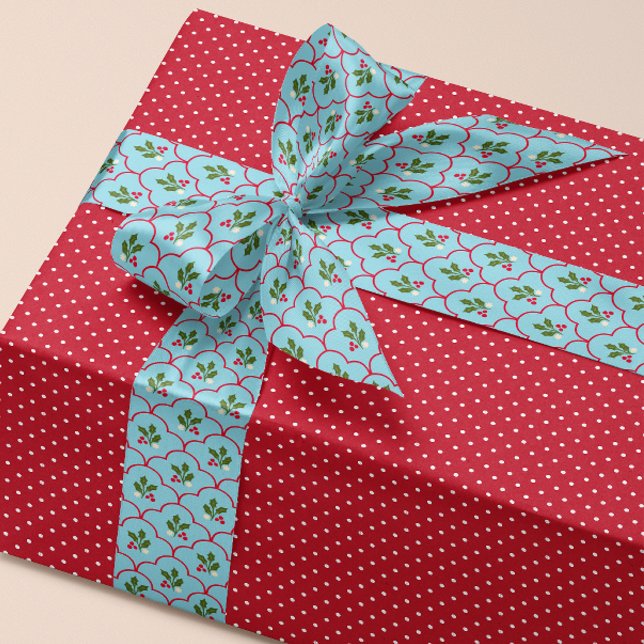Lazo De Raso Navidades Berry de la rama Holly de la Vieira Azul (Grand millennial style ribbon with ice blue with red scallops and festive Christmas holly sprigs)