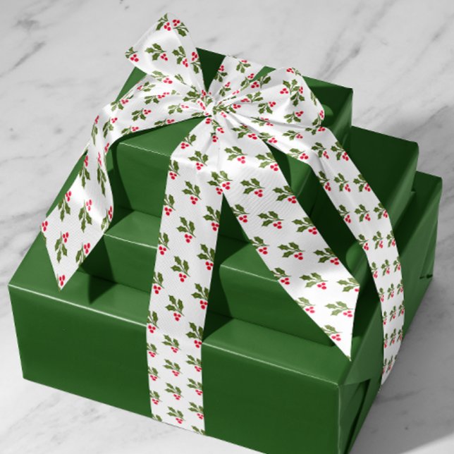 Lazo De Raso Navidades blancos Holly Sprigs Holiday (white holiday gift ribbon with pattern of green holly leaves and red berries)