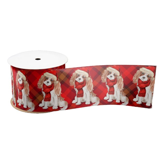 Lazo De Raso Navidades Cavalier King Charles Spaniel y Plaid (Carrete)