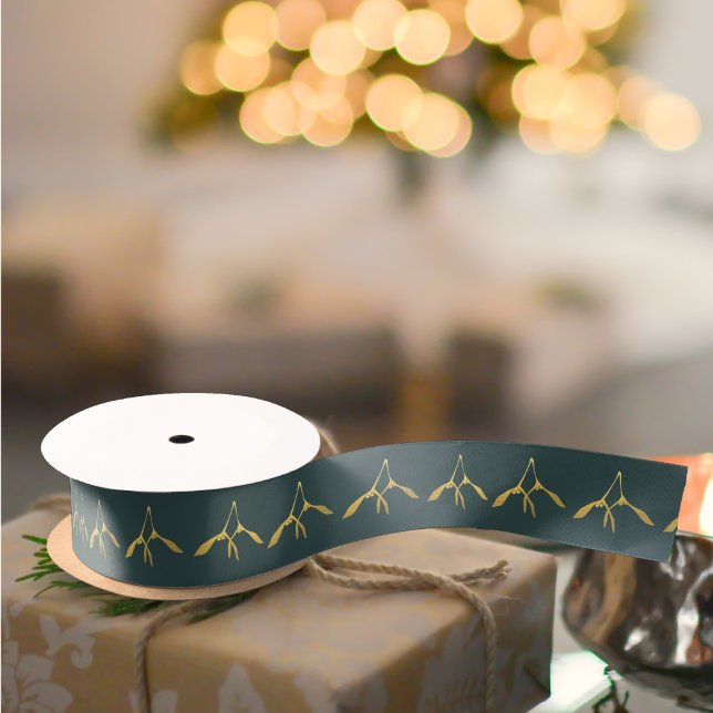 Lazo De Raso Navidades Cinta Mistletoverde y Oro (A festive green and gold mistletoe pattern ribbon just for you)
