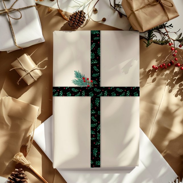 Lazo De Raso Navidades de hojas verdes y bayas rojas patrón neg (Subido por el creador)