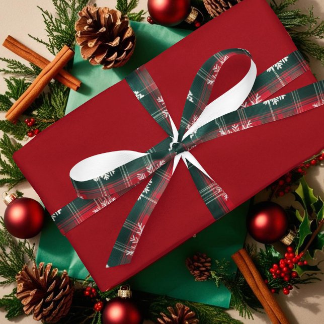 Lazo De Raso Navidades de invierno rojos con sabor a nieve (Vintage Plaid red Winter Christmas Snowflakes Satin Ribbon)