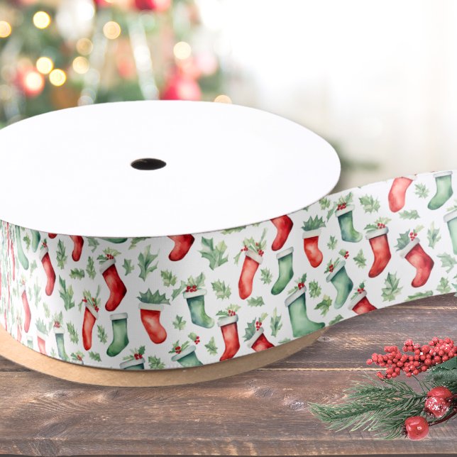 Lazo De Raso Navidades de las Mercancías Verdes Rojas (Festive Red Green Stockings Christmas Satin Ribbon)