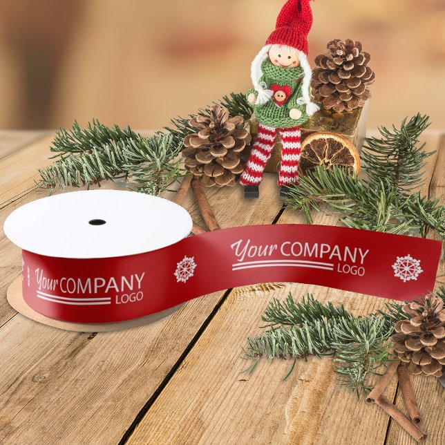 Lazo De Raso Navidades de Snowflake con logo de la Compañía Roj (red ribbon with white business logo, red company holiday christmas gift ribbon)