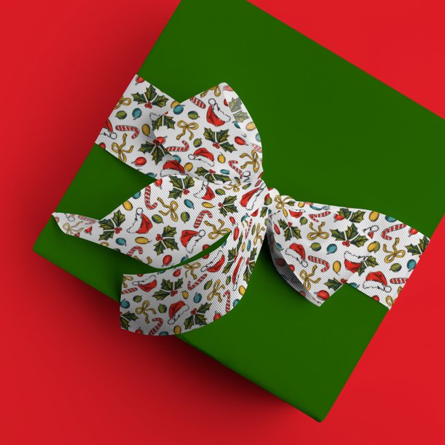 Lazo De Raso Navidades Esbozan Santa Hat Holly Candy Cane Bow (Festive Christmas sketches ribbon)