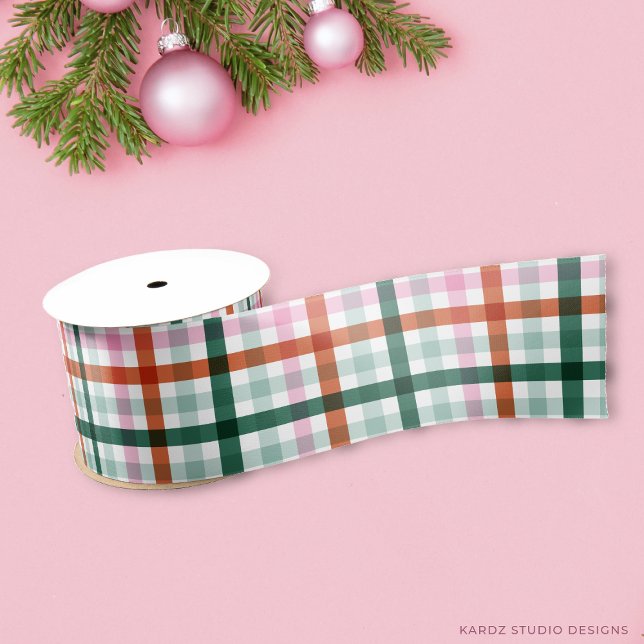 Lazo De Raso Navidades Green Pink Red Plaid (Choose 1.5 or 3 inches | Satin or grosgrain.)
