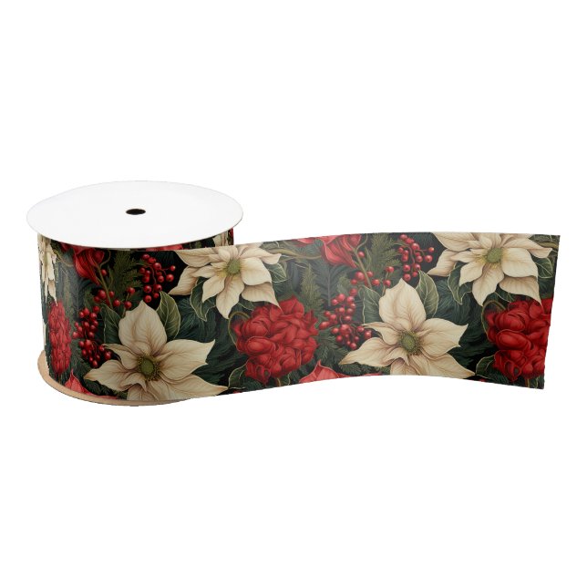 Lazo De Raso Navidades Holly Flowers Satin Ribbon (Carrete)