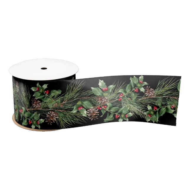 Lazo De Raso Navidades Pine Stems y Holly Berries (Carrete)