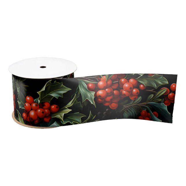 Lazo De Raso Navidades/vacaciones vibrantes Berries y hojas roj (Carrete)