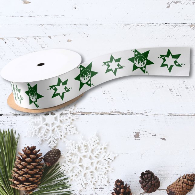 Lazo De Raso Navidades verdes Estrellas Servicio de asistencia  (Green Christmas Stars Lawn Care Service Logo White Satin Ribbon)