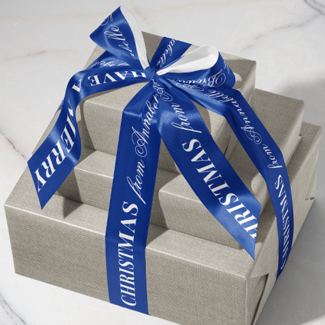Lazo De Raso Navy Blue White Mixed Font Merry Christmas Gift (cobalt blue personalized name Merry Christmas gift wrapping satin ribbon)