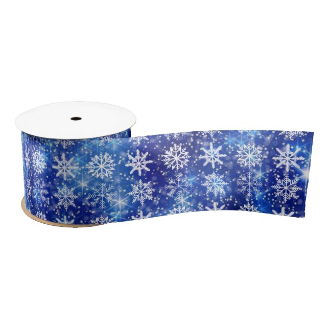 Lazo De Raso Nieve azul que repite copos de nieve (Carrete)