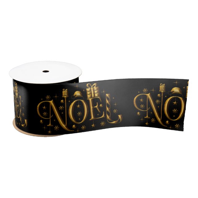 Lazo De Raso Noel de oro sobre Navidades negros (Carrete)