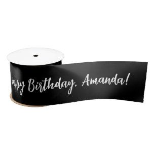 Lazo De Raso Nombre Personalizado en Negro Feliz Cumpleaños