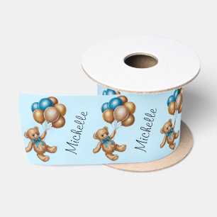 Lazo De Raso Nombre personalizado Oso Oro Oro Azul Globo