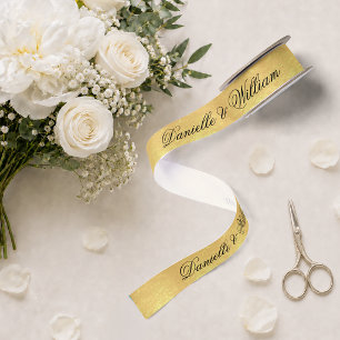 Lazo De Raso Oro Falso Hoja Elegante Boda Caligrafía Negra