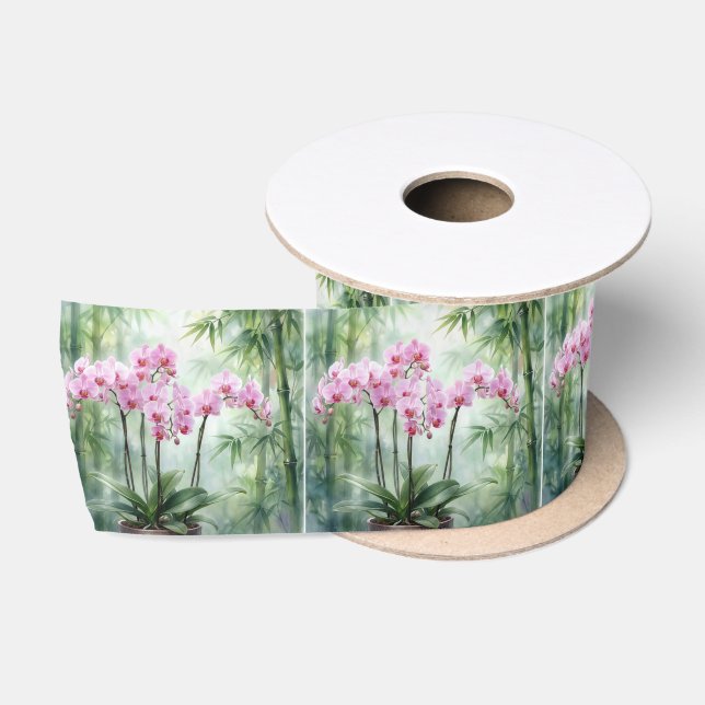 Lazo De Raso Orquídeas y Bambú Rosados Etéreos (Carrete)