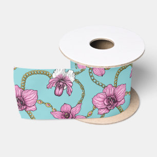 Lazo De Raso orquídeas y cadenas, rosa y azul
