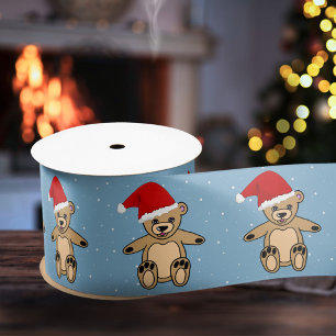 Lazo De Raso Oso de peluche con Navidades azules de Santa Hat
