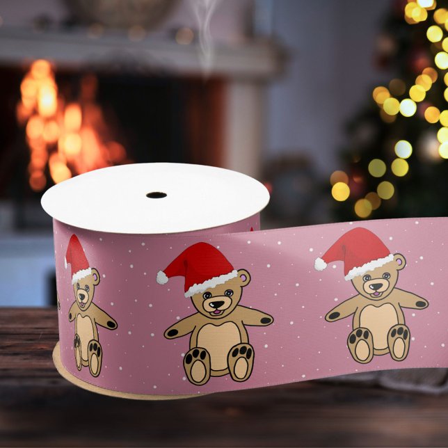 Lazo De Raso Oso de peluche con Navidades rosados de Santa Hat (Subido por el creador)