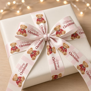 Lazo De Raso Oso de peluche elegante con raya rosa Feliz Navida