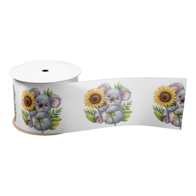Lazo De Raso Oso Koloa De Acuarela Con Girasol (Carrete)