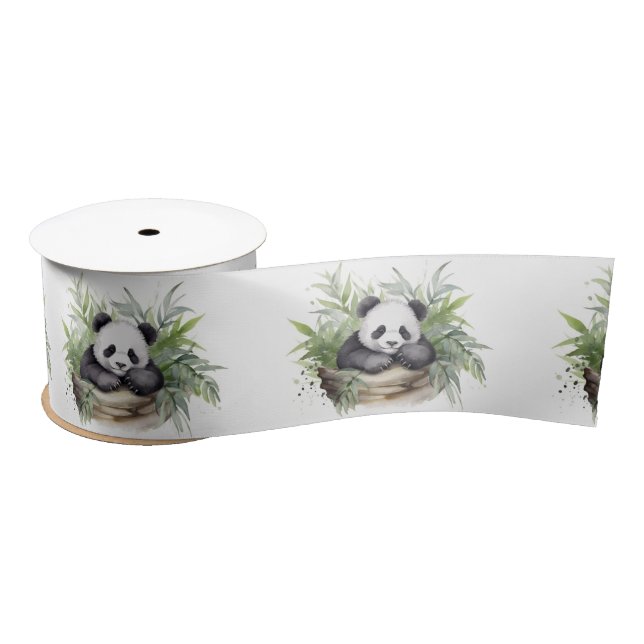 Lazo De Raso Oso Panda En Cesta De Bambú (Carrete)