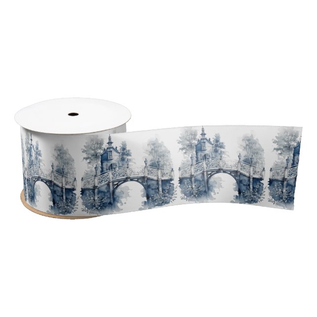 Lazo De Raso Paisaje de estilo Delft azul y blanco (Carrete)