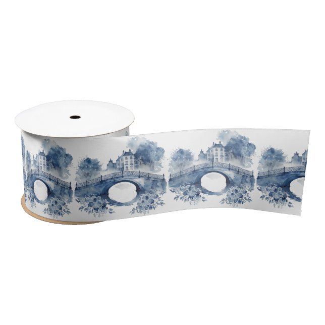 Lazo De Raso Paisaje de estilo Delft azul y blanco (Carrete)