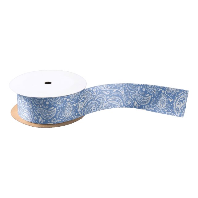 Lazo De Raso Paisley floral blanca y azul (Carrete)