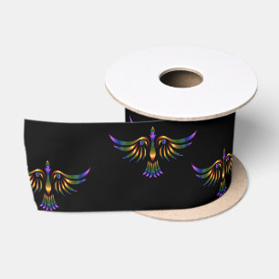 Lazo De Raso Pájaro abstracto dorado, púrpura y verde sobre neg
