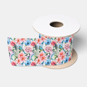 Lazo De Raso Pájaros de patrón floral Flores de oliva Azul verd