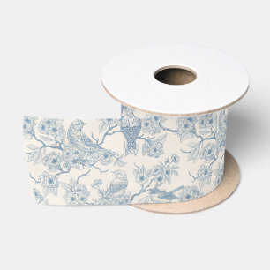 Lazo De Raso Pájaros y flor de cerezo en azul y blanco desvaído